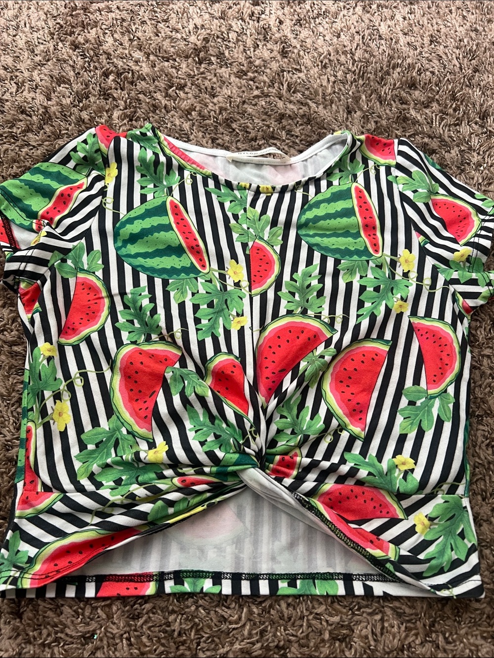 Woman Short-Sleeve Twist-Front Tee with Watermelon Print - Black/White Stripe